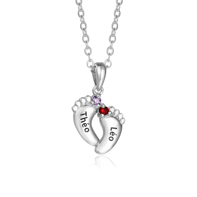 Collier 2 Prénom Personnalisé pied bebe avec pierre de naissance cadeau pour femme anniversaire | Jessemade Retour Gratuit