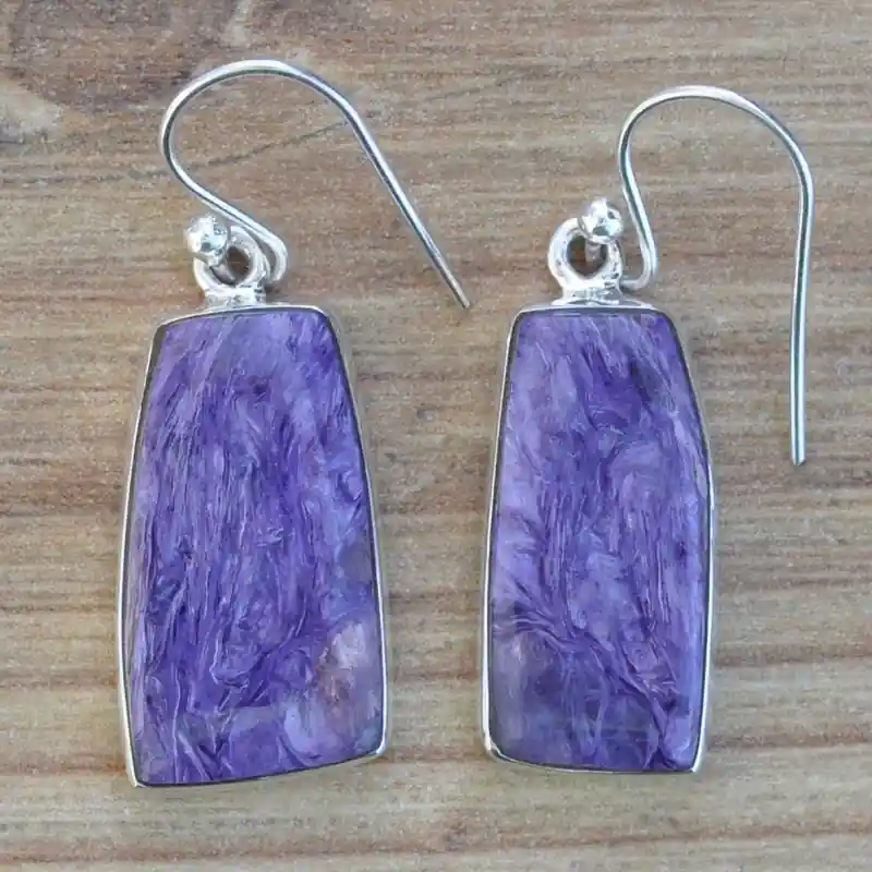 Usine Directe Boucles d'oreilles rectangulaires pierre naturelle Charoite sertie d'argent