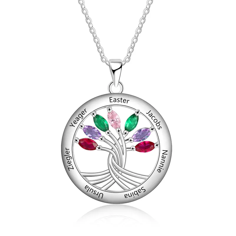 Haute Qualité Collier Argent 925 Arbre de vie Arbre généalogique 7 prenoms Avec Pierre De Naissance