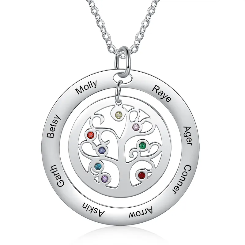 Prix Choc Collier Pendentif Arbre de vie Arbre généalogique 8 prenoms Avec Pierre De Naissance
