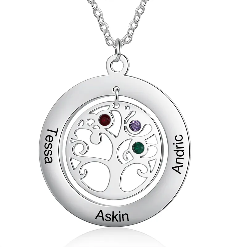 Collier Pendentif Arbre de vie Arbre généalogique 3 prenoms Avec Pierre De Naissance Nouvel Arrivage