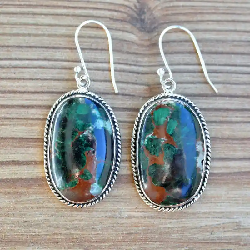 Produit De Marque Boucles d'oreilles ovales argent strie et pierre CHRYSOCOLLE