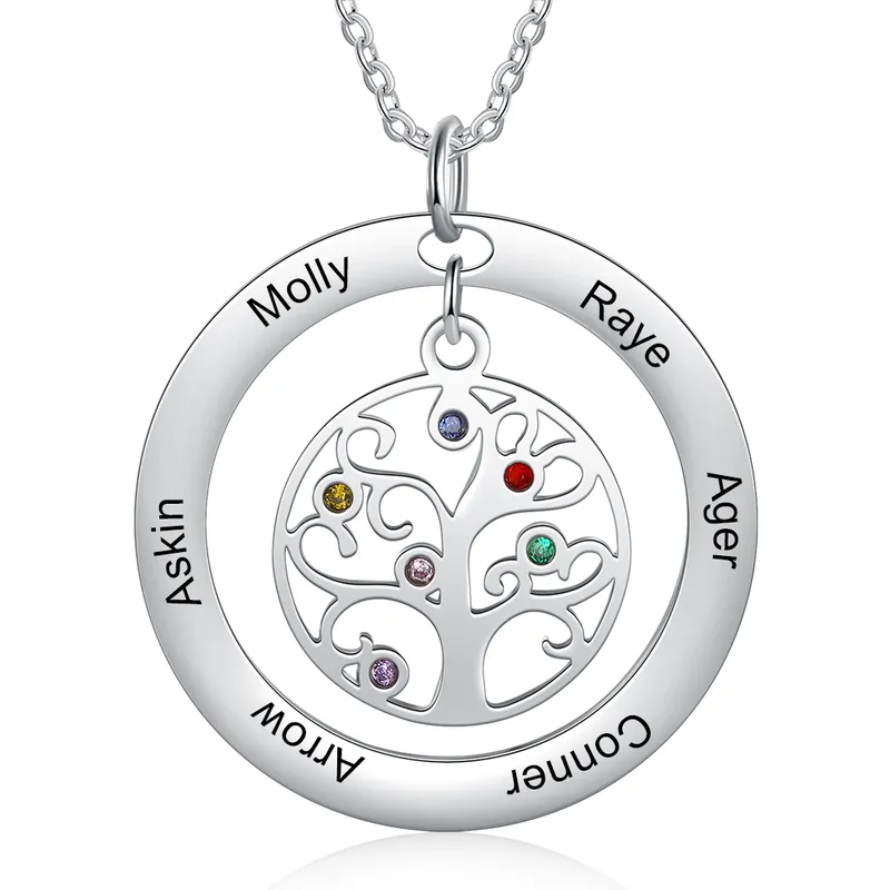 Collier Pendentif Arbre de vie Arbre généalogique 6 prenoms Avec Pierre De Naissance Haute Qualité