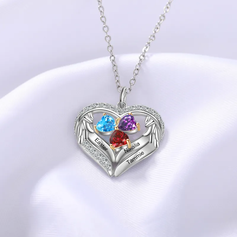 Collier Prénom cœur Argent 925 3 Prénom 3 pierre de naissance Commande En Gros
