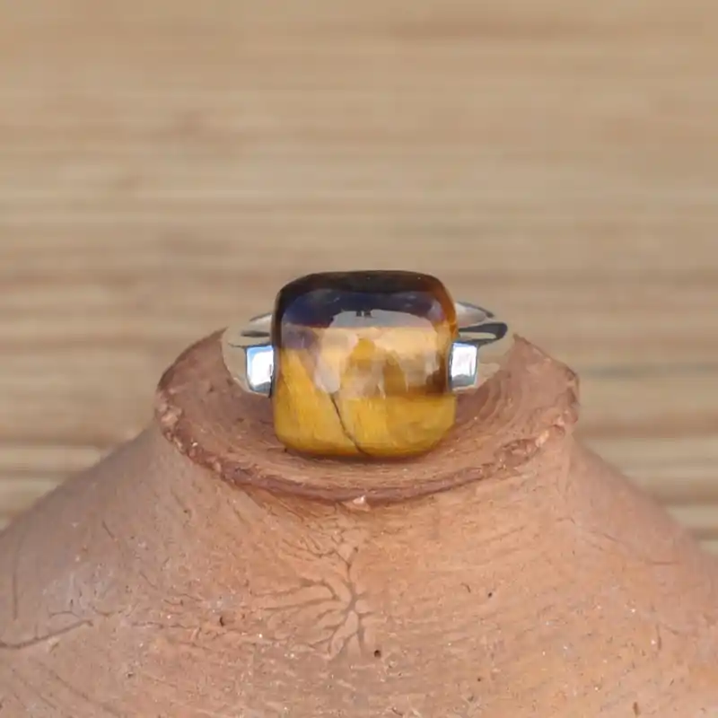 Top Qualité Bague pierre carree en Oeil de tigre sur anneau massif argent T51\\/53\\/55