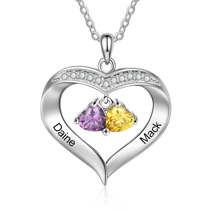 Dernière Chance Collier 2 Prénom Personnalisé Pendentif Cœur avec 2 Pierre de Naissance