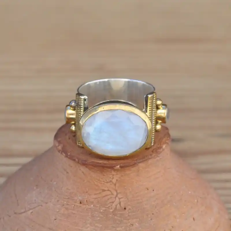 Top Vente Bague anneau large argent pierre de lune ovale facettee T55