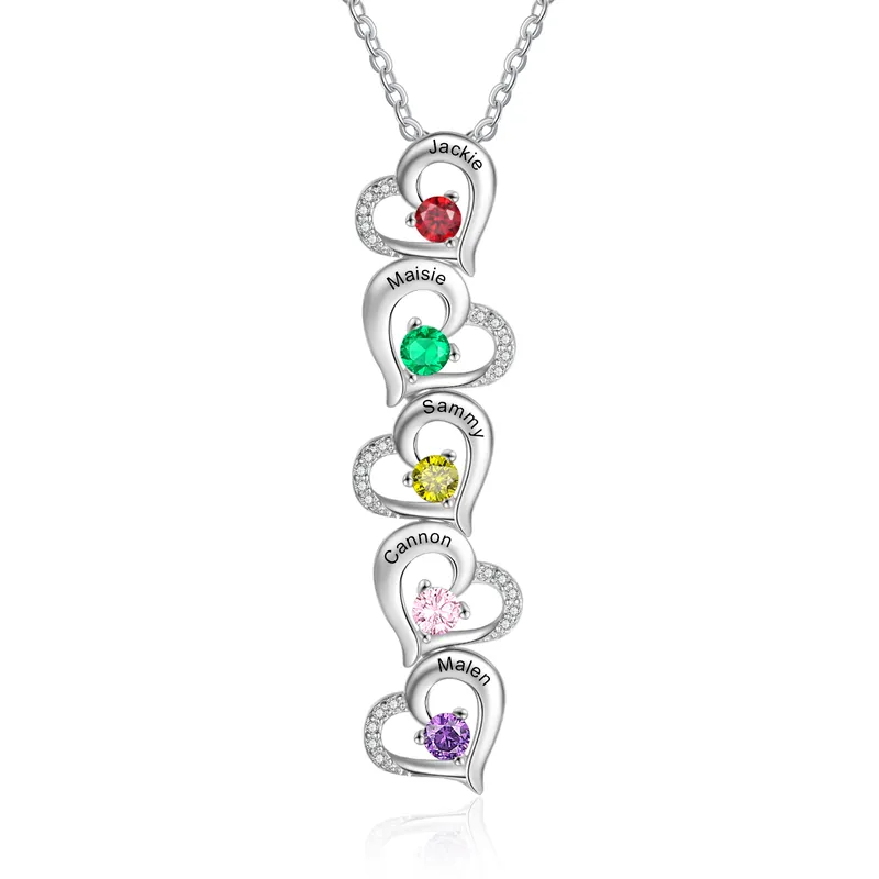 Collier 5 Prénom Personnalisé Pendentif Cœur avec 5 Pierre de Naissance Produit De Marque