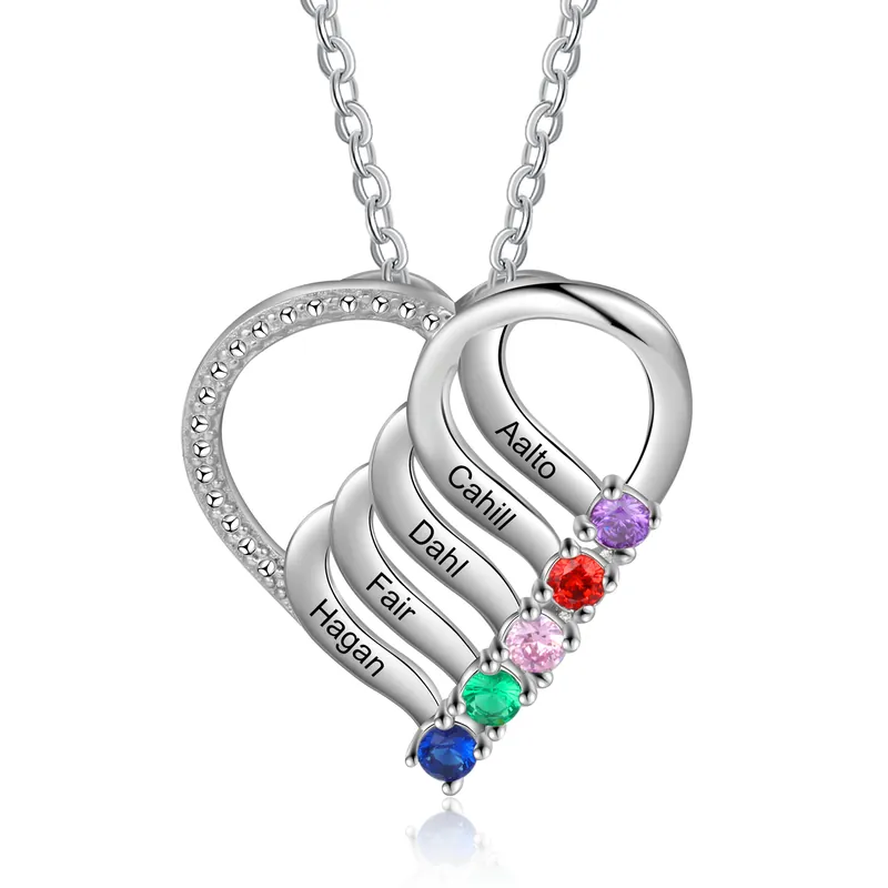 Collier 5 Prénom Personnalisé Pendentif Cœur avec 5 Pierre de Naissance Vente Directe