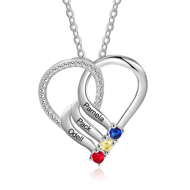 Meilleure Qualité Collier 3 Prénom Personnalisé Pendentif Cœur avec 3 Pierre de Naissance