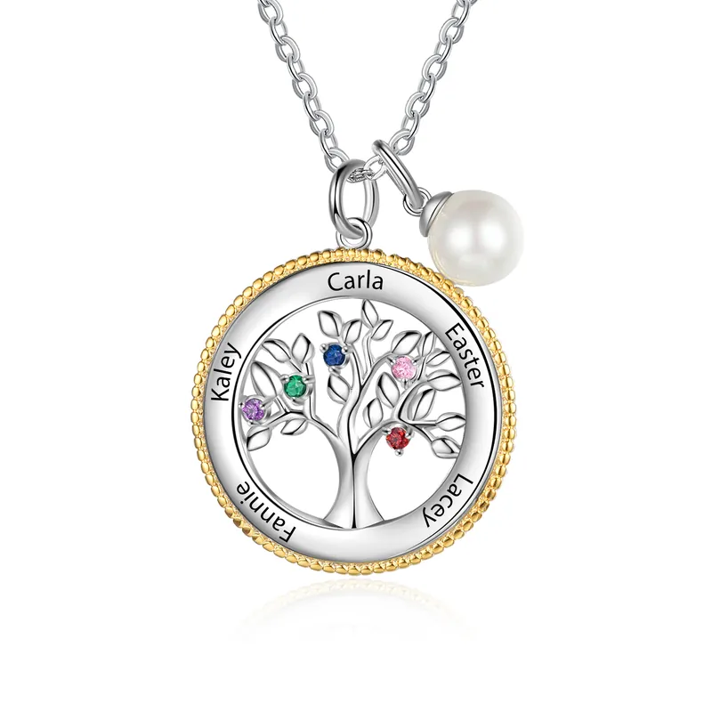 Collier Arbre de vie Arbre généalogique 5 prenoms Avec Pierre De Naissance Premium