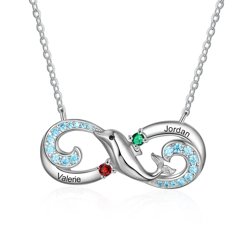 Prix Choc Collier Infini et dauphin 2 graver Prénom Personnalisé avec 2 Pierre de Naissance