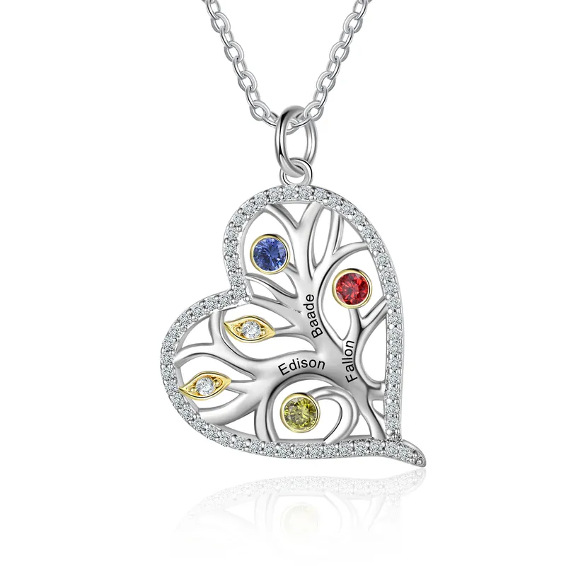 Solde Collier Argent 925 Pendentif Arbre de vie Arbre généalogique 3 prenoms Avec Pierre De Naissance