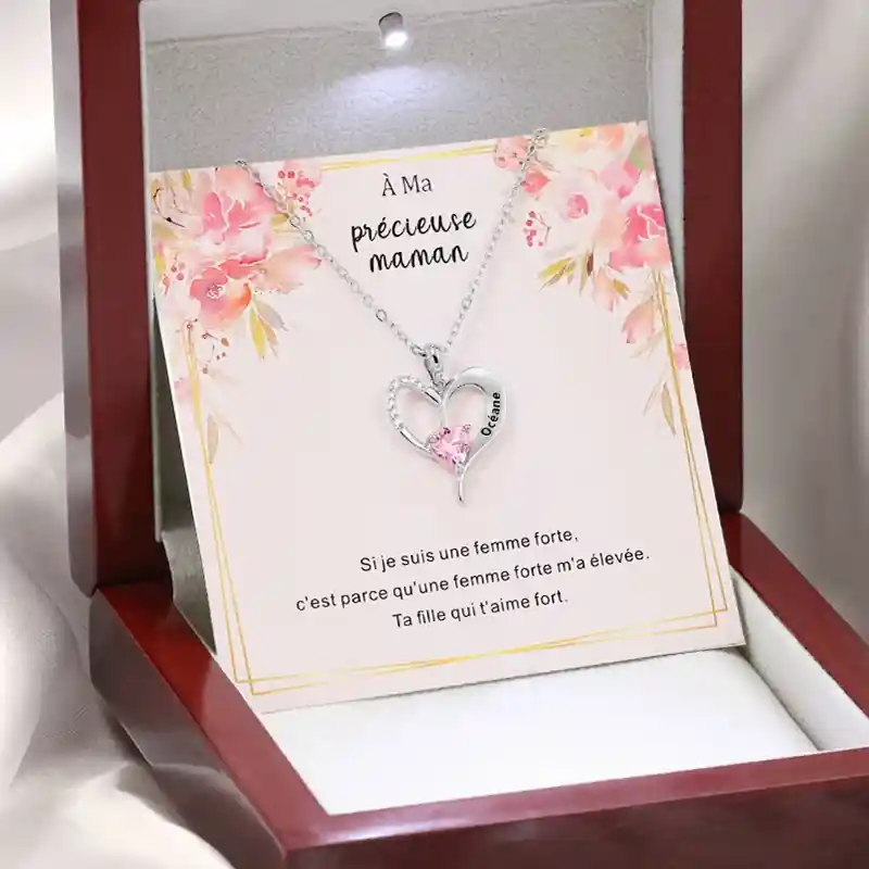 A ma précieuse maman-Collier coeur 1 Prénoms Personnalisés avec pierre de naissance avec Carte et Coffre Promotion Saisonnière