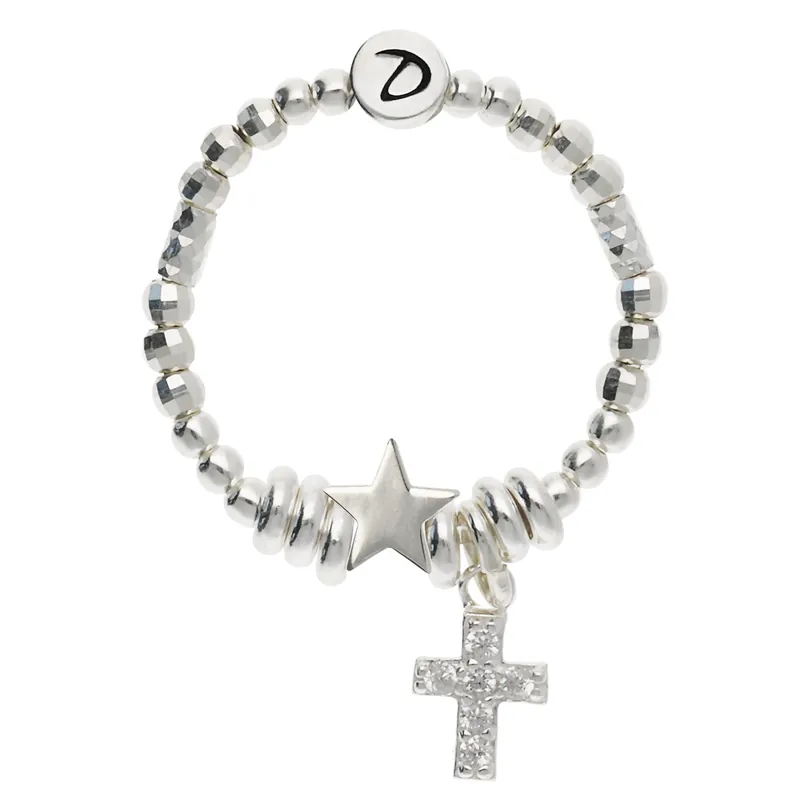 BAGUE ÉLASTIQUE CROIX ORNÉE D' OXYDES DE ZIRCONIUM ET ÉTOILE Argent 925 Meilleure Vente