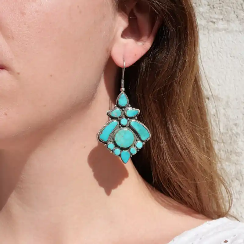 Tres grosses boucles d'oreilles argent 12 pierres en Turquoise d'Arizona Prix Bas