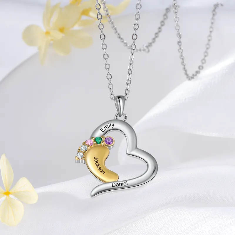 Collier 3 Prénom Personnalisé pied bebe avec 3 pierre de naissance Dernière Chance