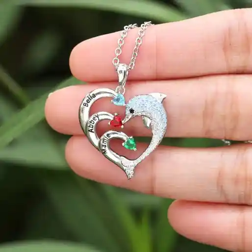 À Ma magnifique Maman - Collier coeur et dauphin 3 Prénoms Personnalisés avec 3 Pierre de Naissance Populaire