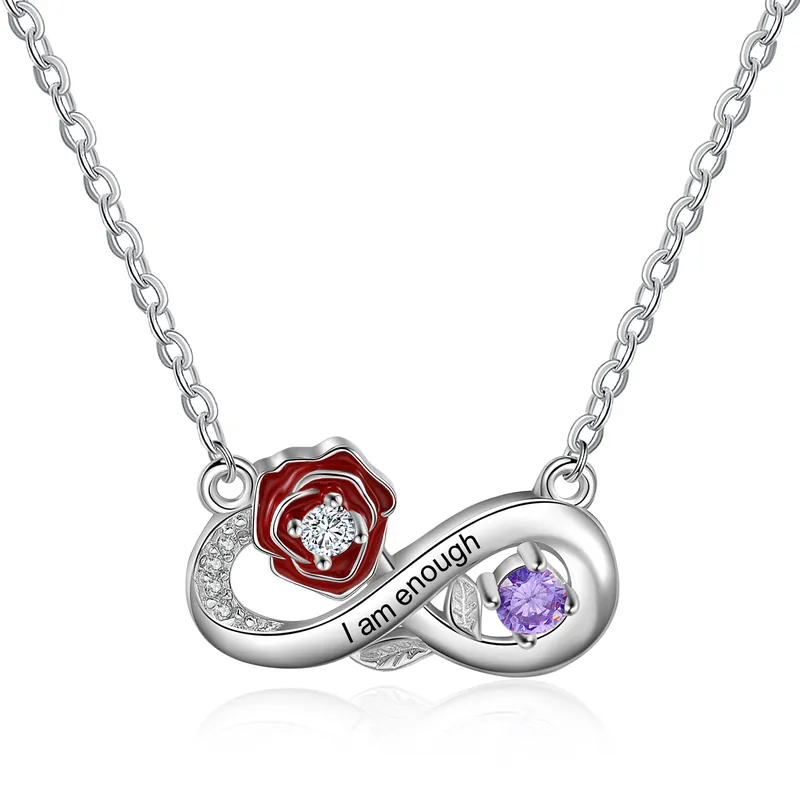 Juin-Collier Infini texte personnalisé avec pierre de naissance fleur de naissance Certifié