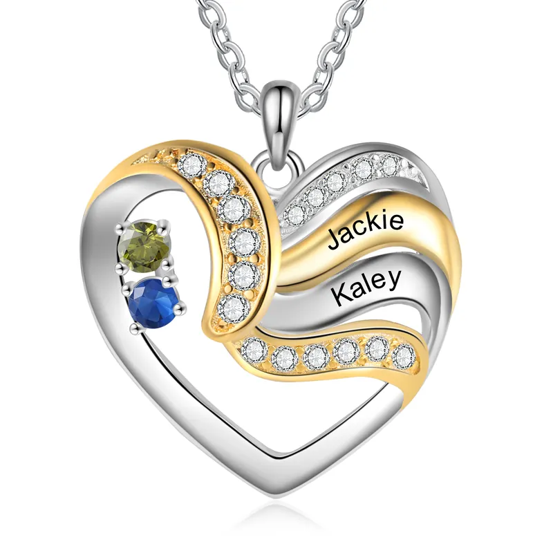 Meilleure Vente Collier Cœur 2 Prénoms Personnalisé avec 2 pierres de naissance