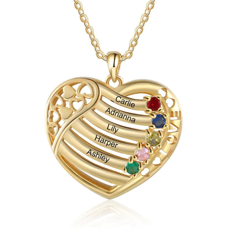 Authentique Collier Cœur 5 Prénoms Personnalisé avec 5 pierres de naissance