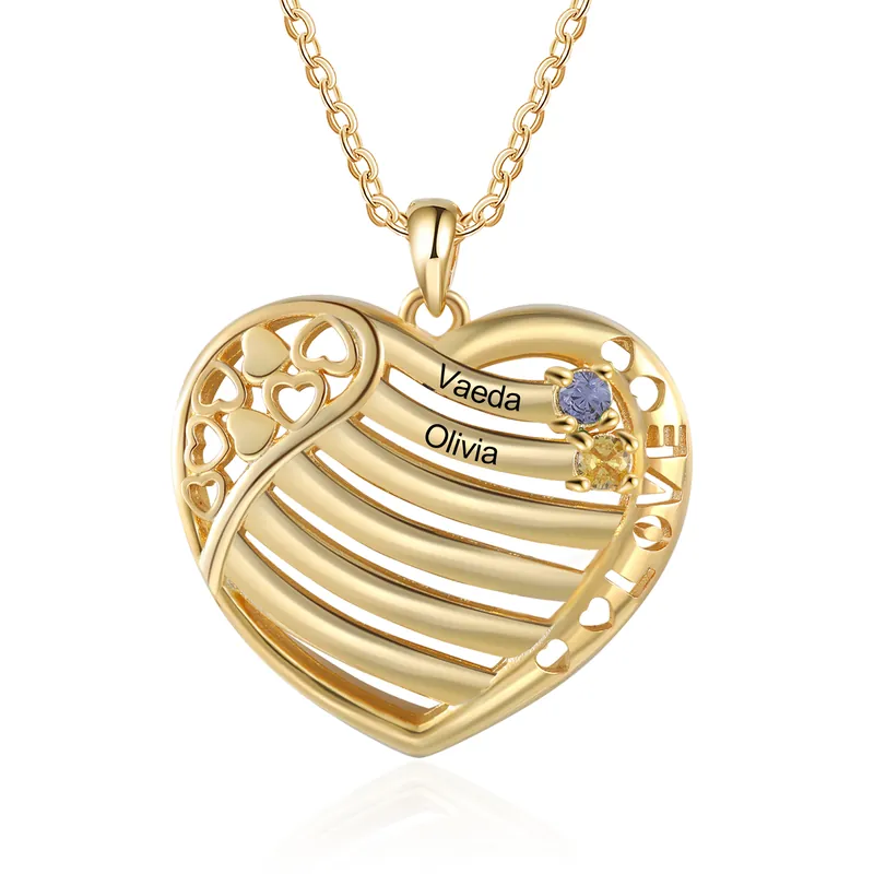 Collier Cœur 2 Prénoms Personnalisé avec 2 pierres de naissance Commander Maintenant