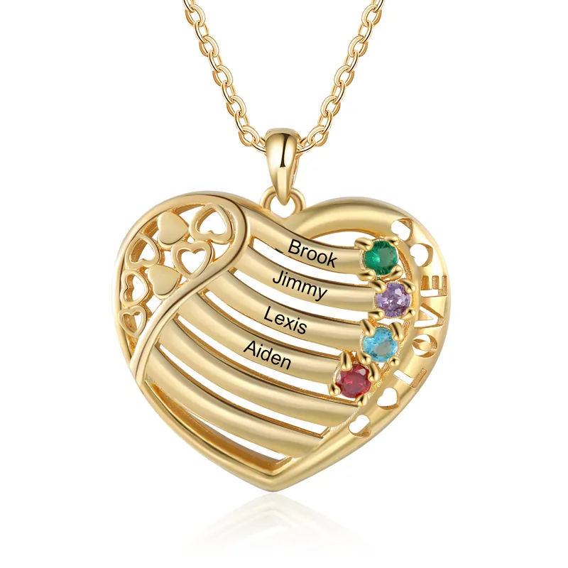Authentique Collier Cœur 4 Prénoms Personnalisé avec 4 pierres de naissance