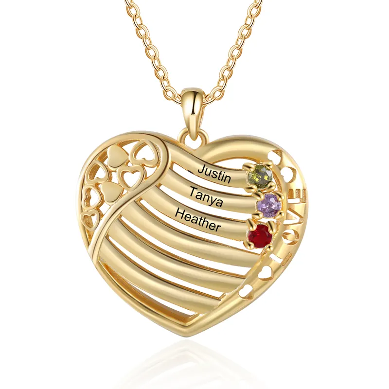 Collier Cœur 3 Prénoms Personnalisé avec 3 pierres de naissance Dernier Modèle