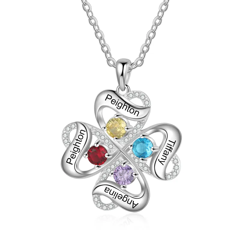 Collier Cœur 4 Prénoms Personnalisé avec 4 pierres de naissance Authentique