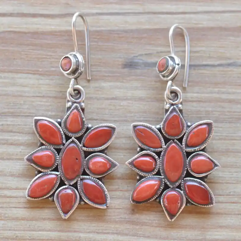 Promotion Grandes boucles d'oreilles argent 10 pierres en corail