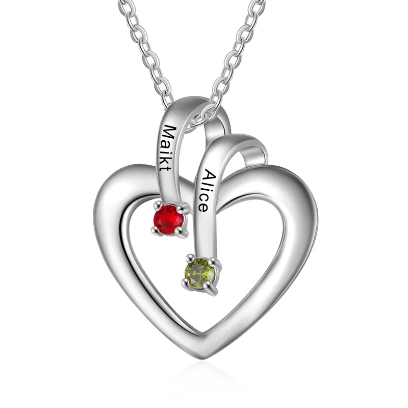 Dernière Chance Collier Coeur 2 Prénoms Personnalisé avec 2 Pierres de Naissance