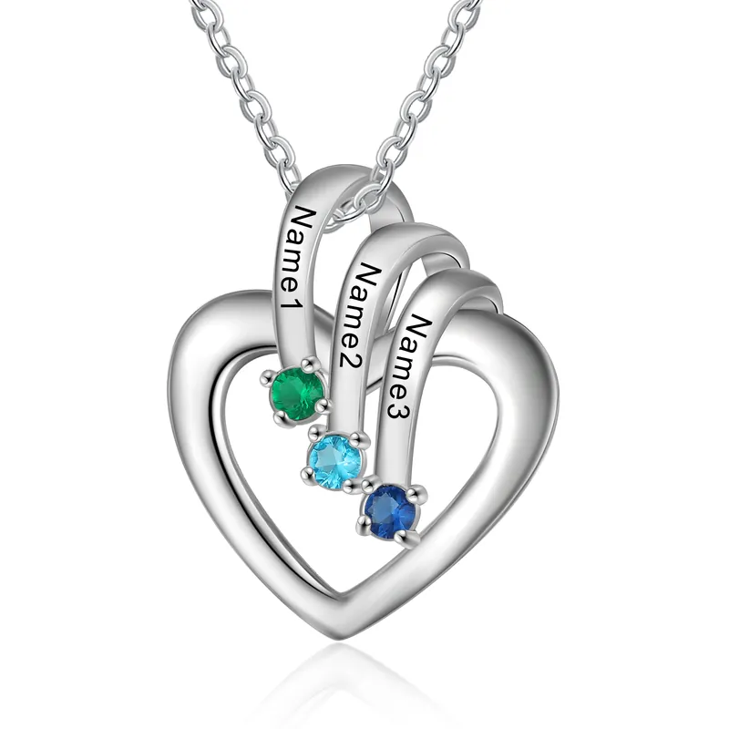 Prix Bas Collier Coeur 3 Prénoms Personnalisé avec 3 Pierres de Naissance