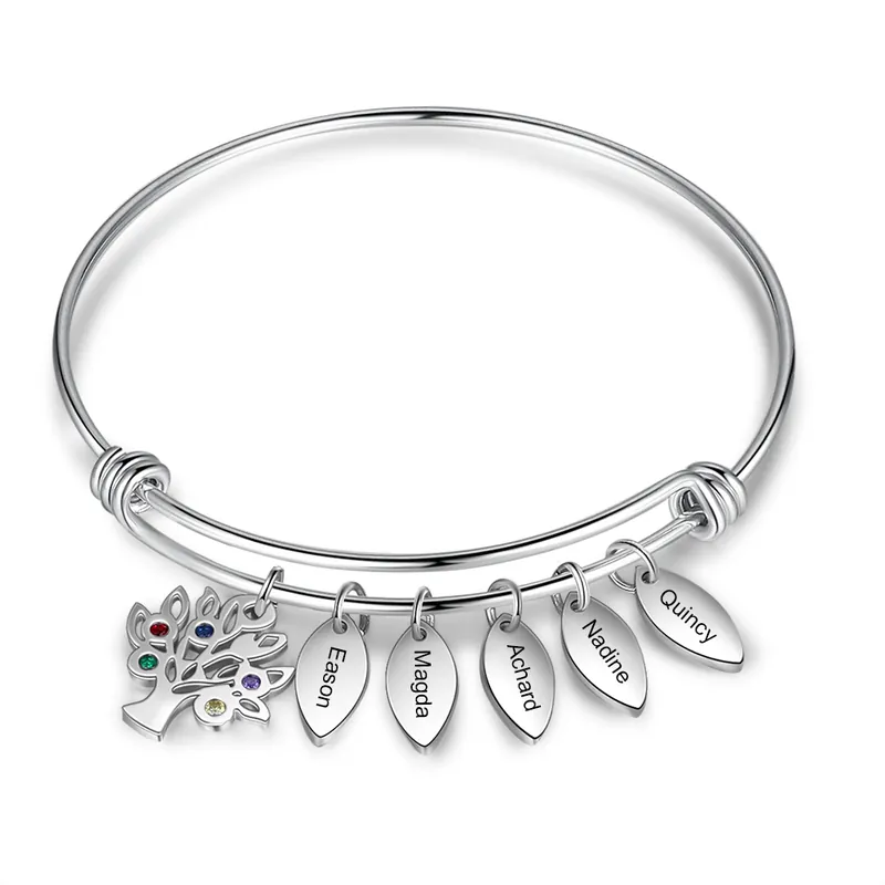 Retour Gratuit À Ma Mamie - Bracelet Arbre généalogique 5 Prénom Personnalisé 5 Pierre de Naissance