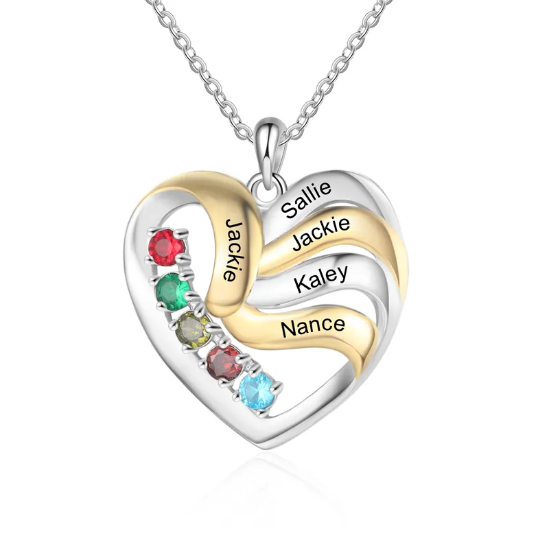 Exclusif Collier Cœur 5 Prénoms Personnalisé avec 5 pierres de naissance