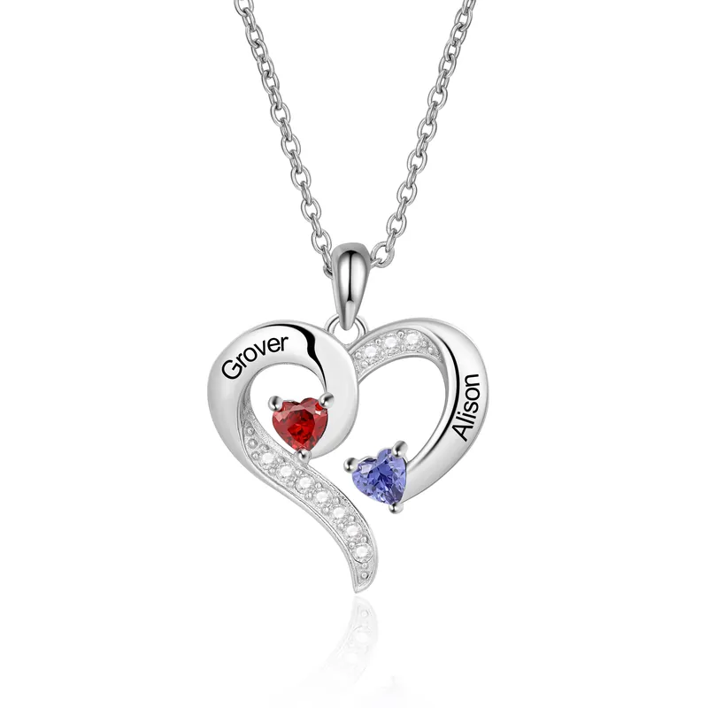 Certifié Collier Cœur 2 Prénoms Personnalisé avec 2 Pierres de Naissance