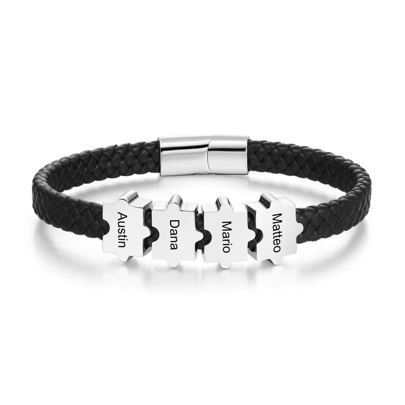 Promotion Bracelet Homme Pièces de Puzzle 4 Prénoms Personnalisés en Cuir Tressé