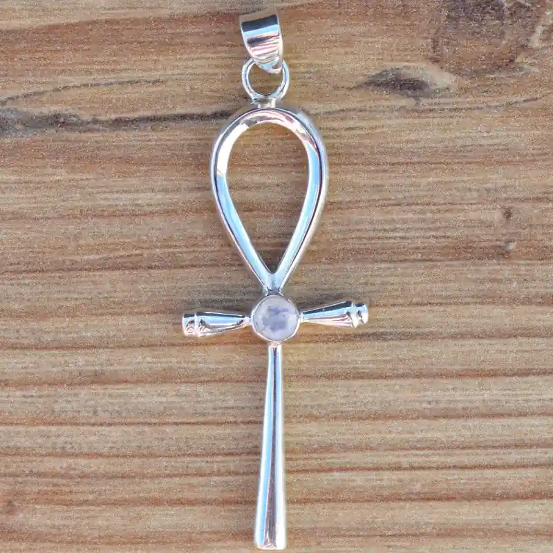 Acheter Direct Pendentif Croix de vie argent et Pierre de lune (blanc)