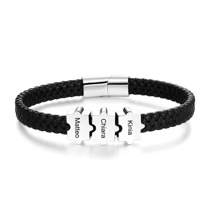 Bracelet Homme Pièces de Puzzle 3 Prénoms Personnalisés en Cuir Tressé Bon Plan