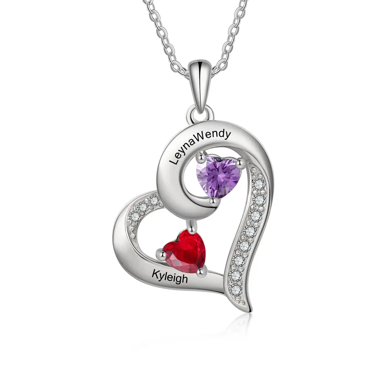 Collier Cœur 2 Prénoms Personnalisé avec 2 Pierres de Naissance Satisfait Ou Remboursé