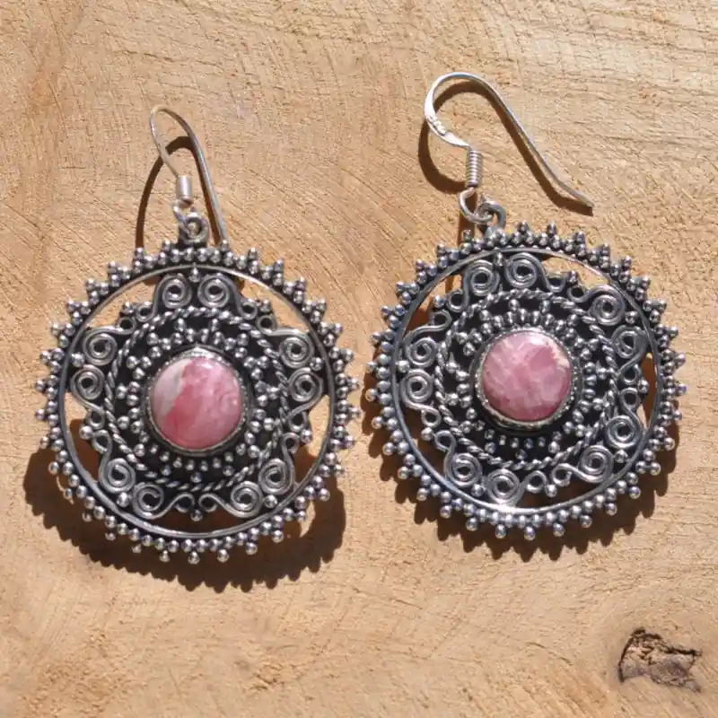 Prix Promo Boucles d'oreilles en argent cisele main et pierre en Rhodochrosite (rose)