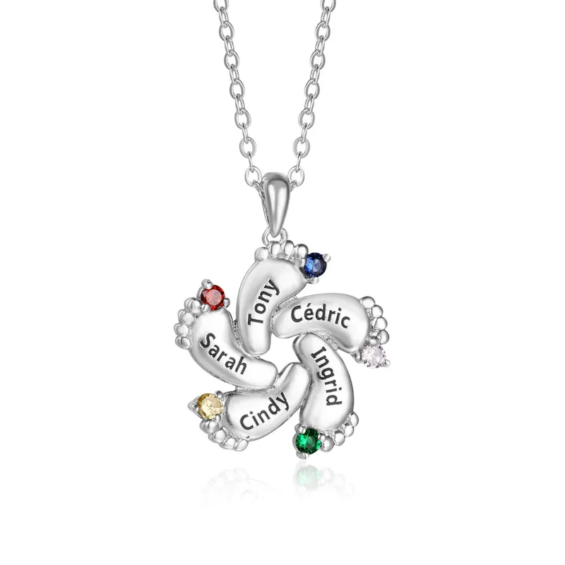 Remise À ma Mamie - Collier 5 Prénoms Personnalisés Pieds de Bébé avec 5 Pierres de Naissance