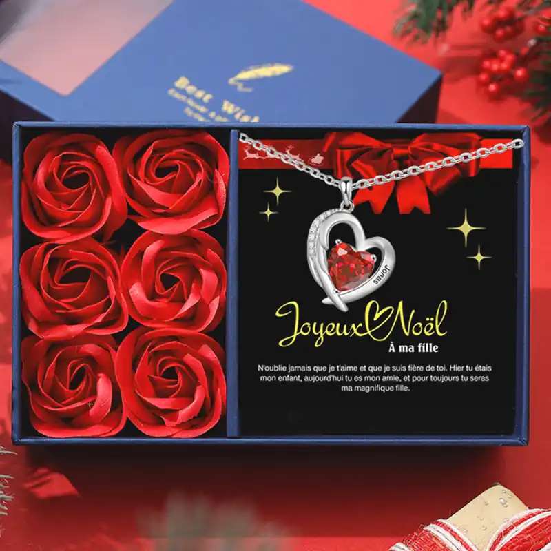 Collier de Noël Cœur 1 Prénom Personnalisé avec 1 Pierre de Naissance Acheter Direct