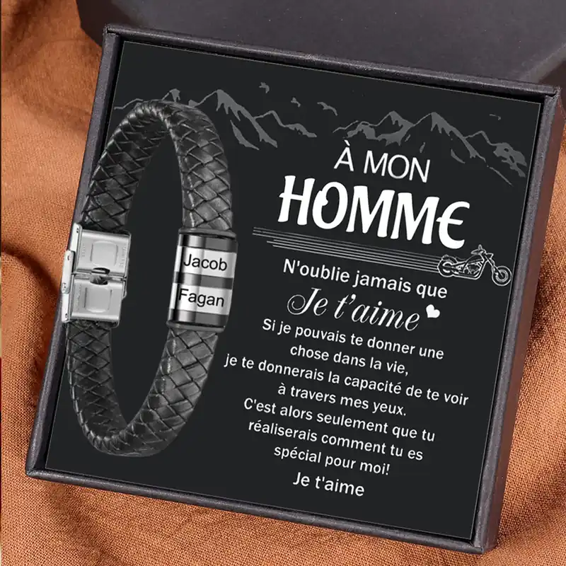 À mon Homme - Bracelet Cuir tressé 2 Prénoms Personnalisés Bracelet Homme Usine Directe