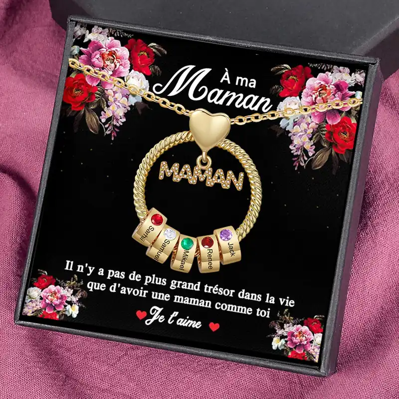 Paiement Sécurisé À ma Maman - Collier Pendentif 5 Prénoms Personnalisés avec Pierre de naissance