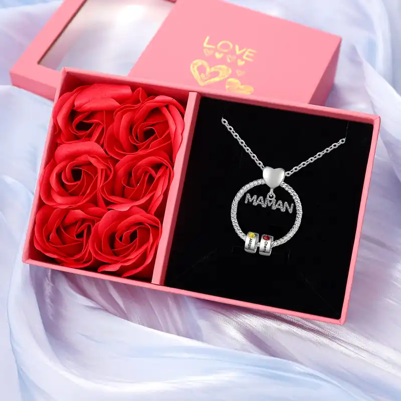 En Vogue À ma Maman - Collier Pendentif 2 Prénoms Personnalisés avec Pierre de naissance