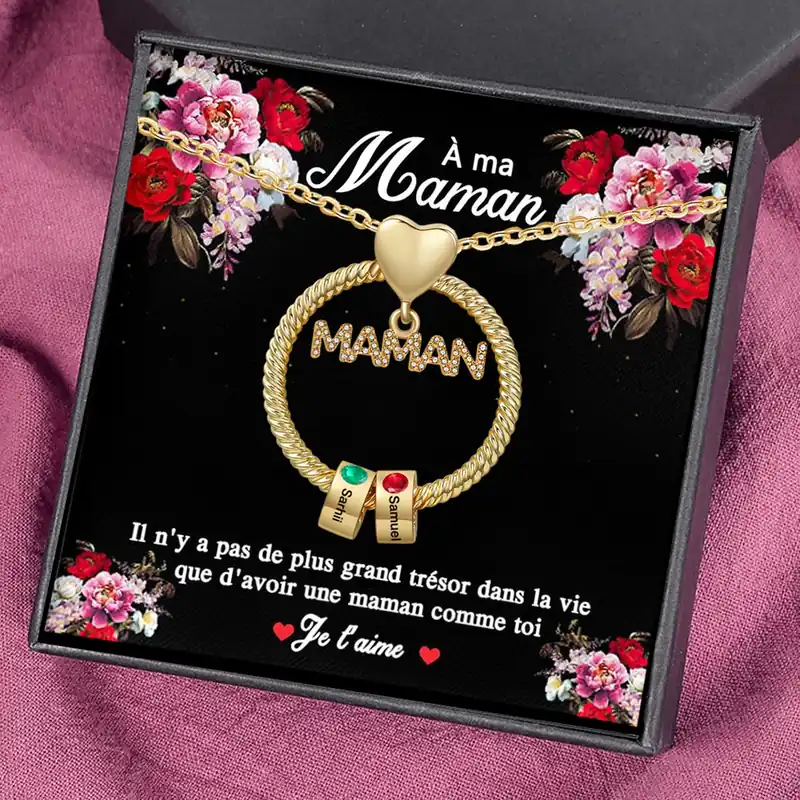 À ma Maman - Collier Pendentif 2 Prénoms Personnalisés avec Pierre de naissance Pas Cher