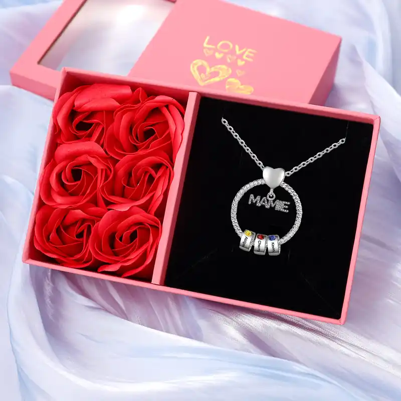 À ma Mamie - Collier Personnalisé Pendentif 3 Prénoms avec Pierre de naissance｜Jessemade Premium