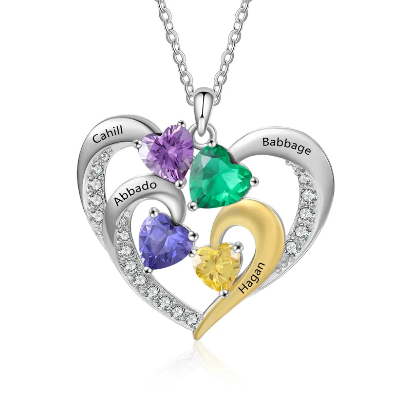 Collier Cœur 4 Prénoms et Personnalisés avec 4 Pierres de naissance Artisanat