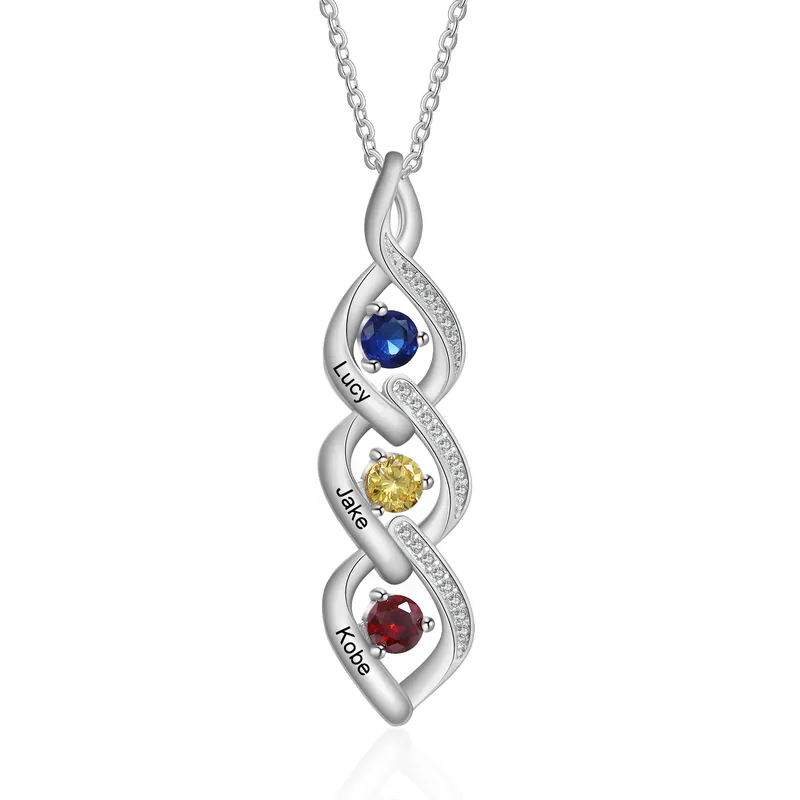 Collier Pendentif DNA 3 Prénoms Personnalisés avec Pierres de naissance Expédition Rapide
