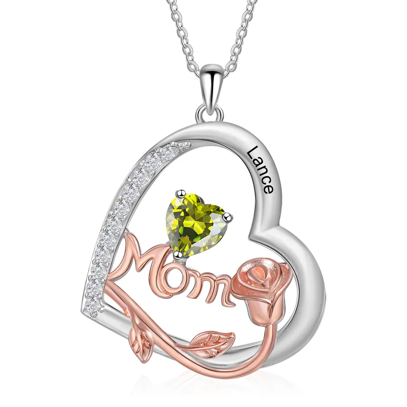 Vente Directe À Maman - Collier Pendentif Cœur et Roses 1 Prénom Personnalisé avec Pierres de naissance